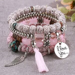 I Love You Heart Charm 4 Piece Boho Beaded Bracelet Set